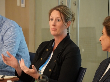 Liberty County, Mont. Commissioner Joette Woods introduces herself to other county officials. Photo by Charlie Ban