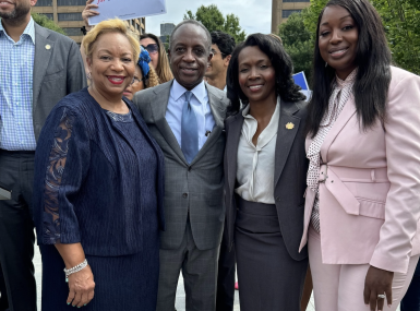 (From l-r:) Henry County, Ga. Chair Carlotta Harrell; DeKalb County, Ga. CEO Michael Thurmond; Cobb County, Ga. Chair Lisa Cupid and Gwinnett County, Ga. Chair Nicole Hendrickson pause for a photo at Liberty Plaza in Fulton County, Ga.