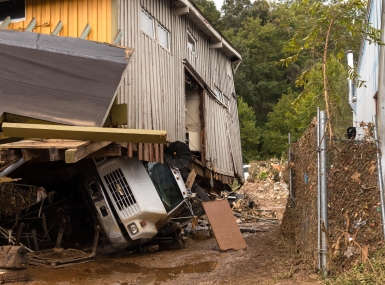 The area of Swannanoa River Road in Buncombe County, N.C. saw major damage after Tropical Storm Helene swept through Western North Carolina. Photo by Colby Rabon / Carolina Public Press