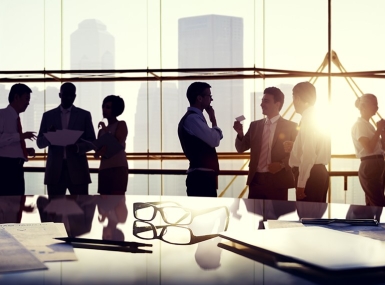 A group of business professionals gather in front of a sunlit window