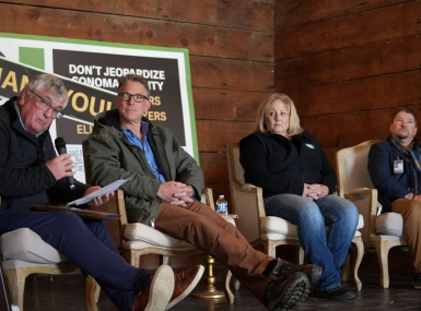 Sonoma County, Calif. Supervisor David Rabbit, Sunrise Farms owner Mark Weber, Dayna and Sonoma County Agriculture Commissioner Andrew Smith discuss Sonoma County’s Measure J. Photo by Charlie Ban