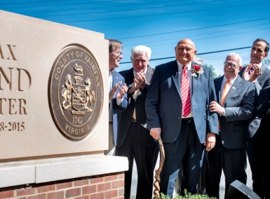 Longtime Fairfax County, Va. Supervisor Gerry Hyland, flanked by U.S. Rep. Jim Moran (l) U.S. Rep. Gerry Connolly and Supervisor Dan Storck (far right) celebrate naming of county center for Hyland.