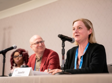  Lake County, Ill. Board Member Jennifer Clark makes a point during a panel discussion Saturday, March 1 on ‘digital skilling.’ Looking on are fellow panelists Kyla Williams-Tate, Cook County, Ill. Digital Equity director and Wake County, N.C. CIO Jonathan Feldman. Photo by Denny Henry