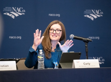 Guilford County, N.C. Commissioner Carly Cooke, vice-chair of the Midsize County Caucus Exploratory Committee, makes a point March 2 before a crowded room. Photo by Denny Henry