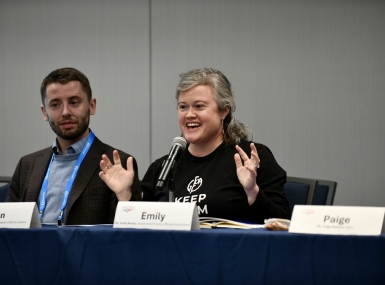 Emily Brock (right), director of the Government Finance Officers Association Federal Liaison Center, explains why tax-exempt municipal bonds are best suited to serve counties’ infrastructure financing needs. Brian Egan, chief policy officer for the National Association of Bond Lawyers, looks on. Photo by Lana Farfan