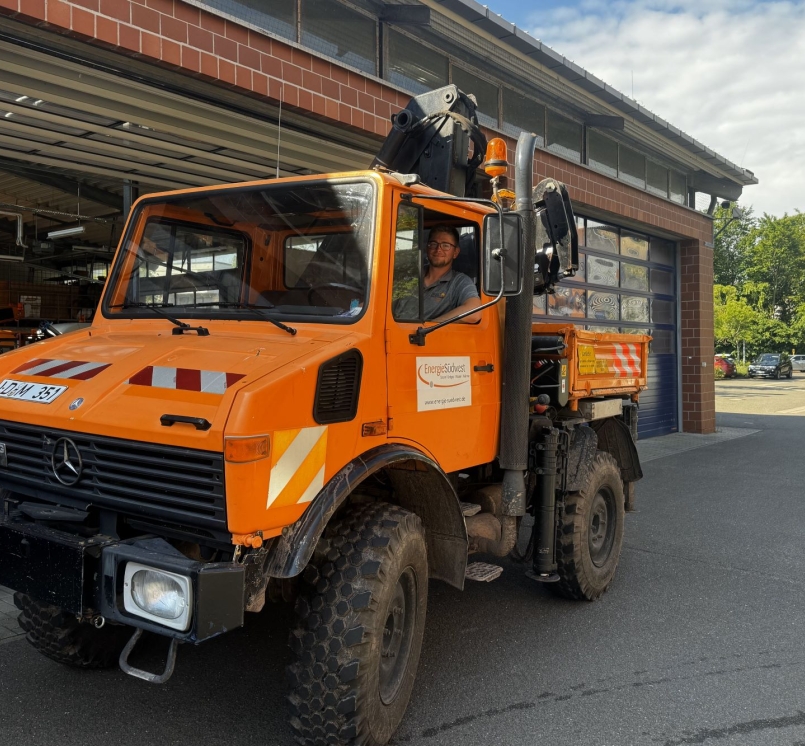 Mitchell Wilkins drives a Mercedes Unimog truck, drastically different from the vehicles in Florida, while working for EnergieSüdwest. Photo courtesy of Mitchell Wilkins
