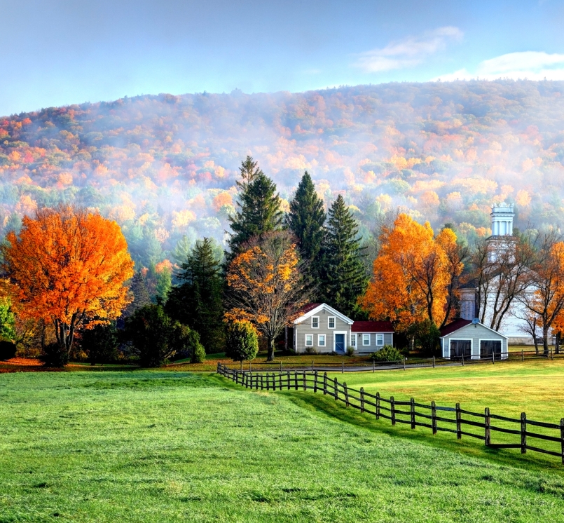 Autumn mist in the village of Tyringham in the Berkshires