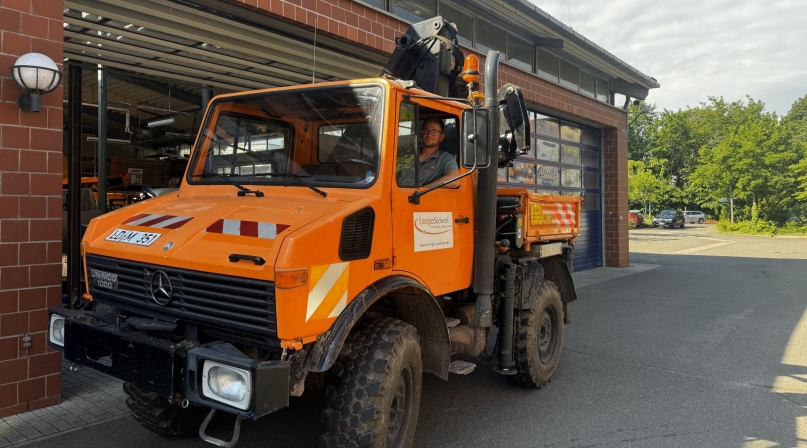 Mitchell Wilkins drives a Mercedes Unimog truck, drastically different from the vehicles in Florida, while working for EnergieSüdwest. Photo courtesy of Mitchell Wilkins