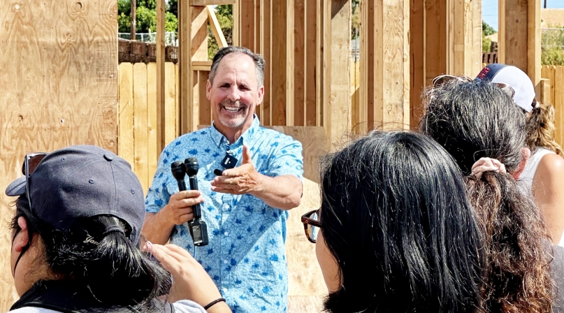 Homeowner Gene Milne shows off his homesite June 26 in Lahaina at a press conference. He is one of the first property owners to start the rebuilding process after his newly built home was lost in the fire last year. Photo courtesy of Maui County