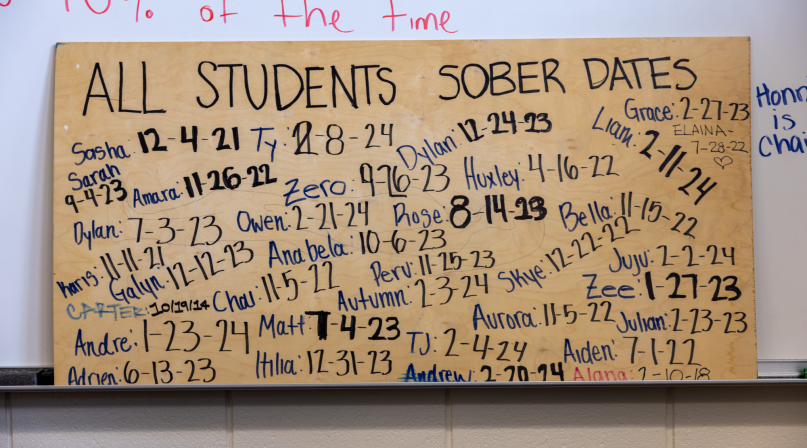 Interagency Recovery Campus students’ names and sobriety dates decorate a wooden board on display in the school.