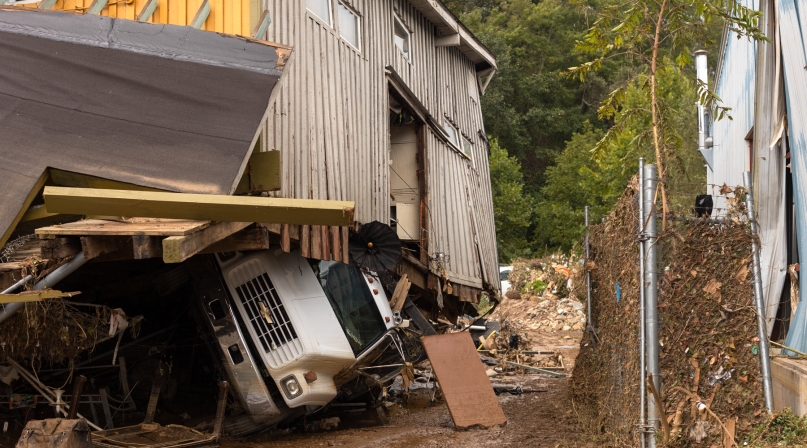 The area of Swannanoa River Road in Buncombe County, N.C. saw major damage after Tropical Storm Helene swept through Western North Carolina. Photo by Colby Rabon / Carolina Public Press