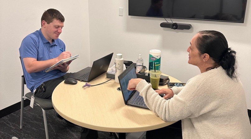 Bernalillo County, N.M. FLAME trainee Jayden Wheeler works with his job coach, Jennifer Bartholf. Photo courtesy of Cindy WeaselBear