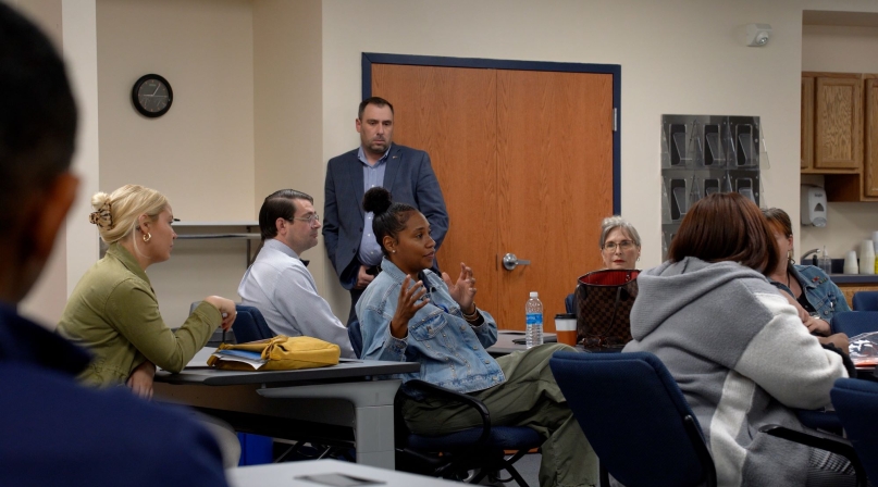 Venango County, Pa. Commissioner Chip Abamovic looks on as Cedric Group’s Meredith Whitehead discusses identifying partnerships in rural counties that have helped business owners recruit and retain skilled workers. Photo by Devin Zagar