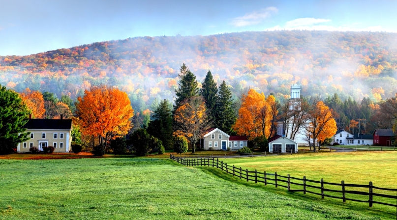 Autumn mist in the village of Tyringham in the Berkshires