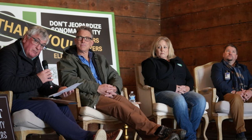 Sonoma County, Calif. Supervisor David Rabbit, Sunrise Farms owner Mark Weber, Dayna and Sonoma County Agriculture Commissioner Andrew Smith discuss Sonoma County’s Measure J. Photo by Charlie Ban