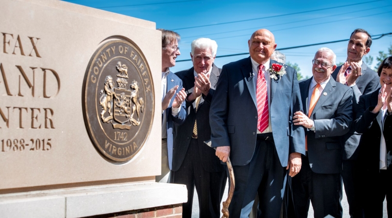 Longtime Fairfax County, Va. Supervisor Gerry Hyland, flanked by U.S. Rep. Jim Moran (l) U.S. Rep. Gerry Connolly and Supervisor Dan Storck (far right) celebrate naming of county center for Hyland.