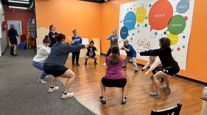 Allen County, Ind. residents with Down syndrome participate in a fitness program at GiGi’s Playhouse Fort Wayne. GiGi’s was one of 43 local organizations that received Health First Indiana funding from the county to address obesity in their population. Local physical and occupational therapy college students get them active several times per week and teach portion size and nutrition to families in the program. Photo courtesy of Allen County Public Health