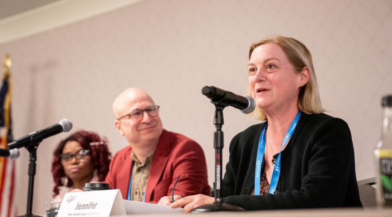  Lake County, Ill. Board Member Jennifer Clark makes a point during a panel discussion Saturday, March 1 on ‘digital skilling.’ Looking on are fellow panelists Kyla Williams-Tate, Cook County, Ill. Digital Equity director and Wake County, N.C. CIO Jonathan Feldman. Photo by Denny Henry