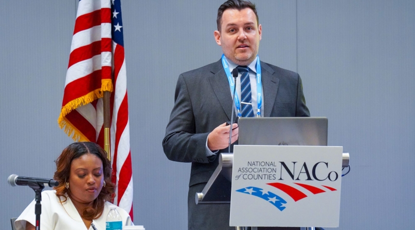  Stephen McCall, the director of research for PHI, discusses the role of Medicaid in home and community-based services March 1 before the Health Policy Steering Committee. Blaire Bryant, legislative director for Health Policy, sits to his right. Photo by Leon Lawrence III