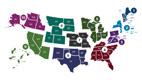 Map of US divided into regions numbering 1 to 10