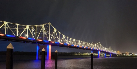 Murray-Baker bridge in Peoria County, Ill., is lit up in red, blue and gold to celebrate NCGM.